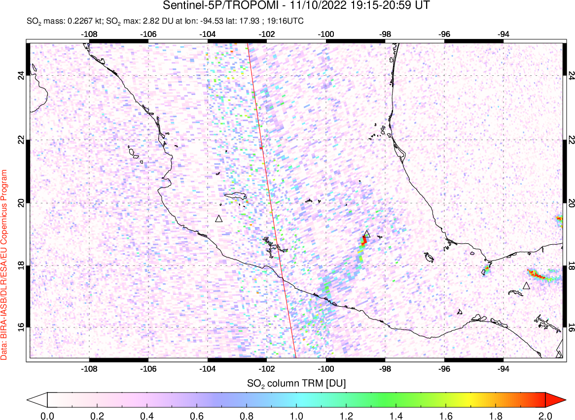 A sulfur dioxide image over Mexico on Nov 10, 2022.