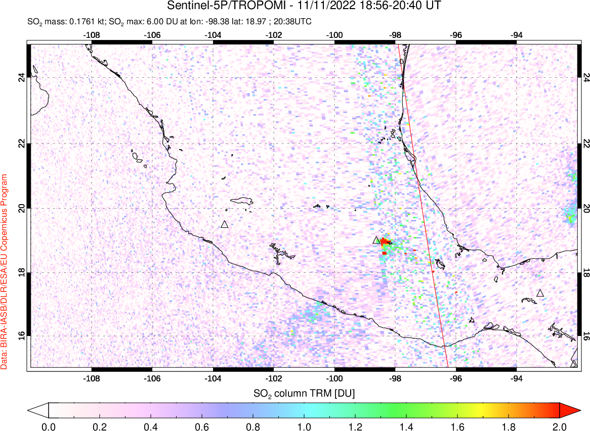 A sulfur dioxide image over Mexico on Nov 11, 2022.