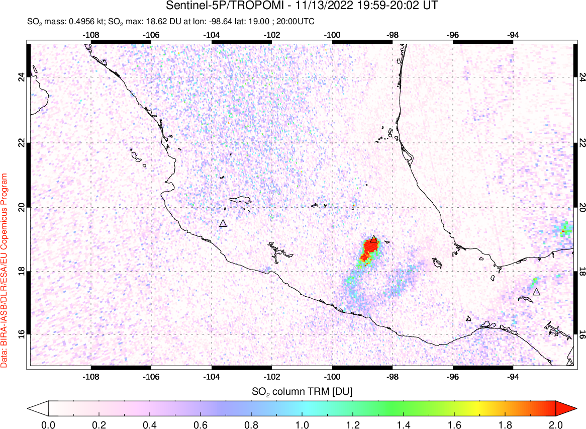 A sulfur dioxide image over Mexico on Nov 13, 2022.