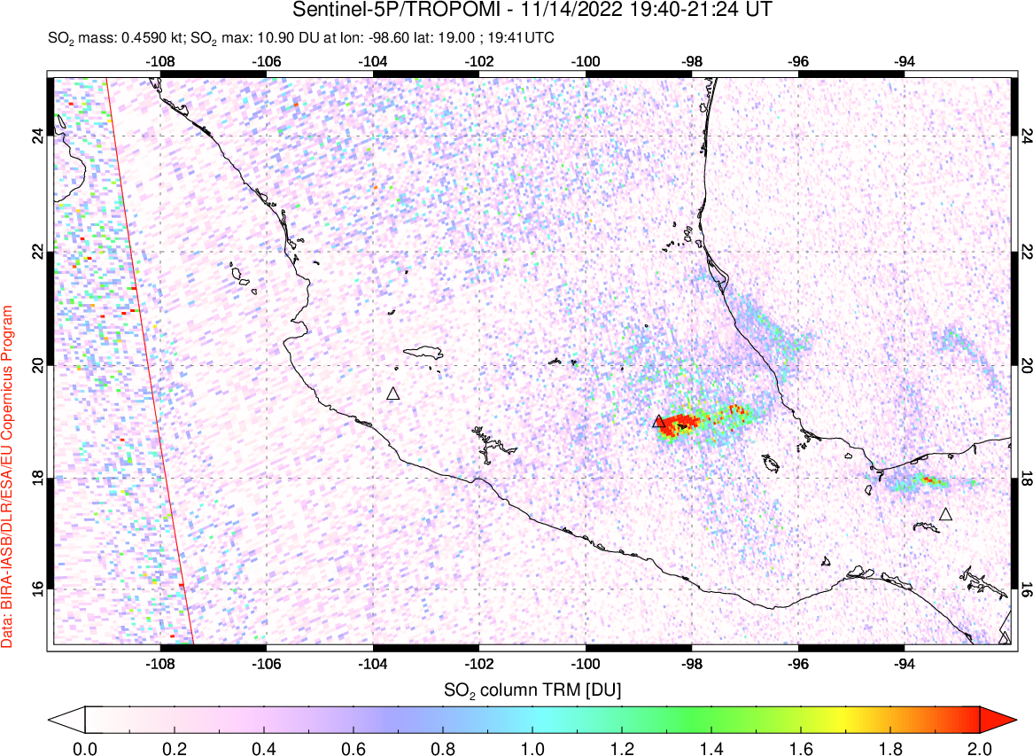 A sulfur dioxide image over Mexico on Nov 14, 2022.