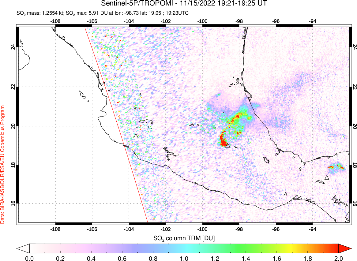 A sulfur dioxide image over Mexico on Nov 15, 2022.