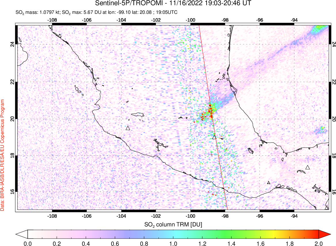 A sulfur dioxide image over Mexico on Nov 16, 2022.