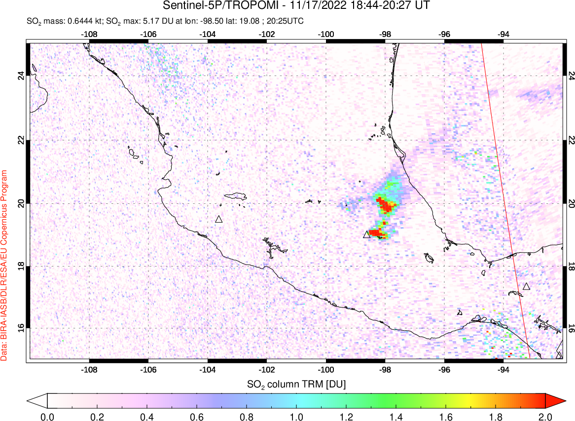 A sulfur dioxide image over Mexico on Nov 17, 2022.
