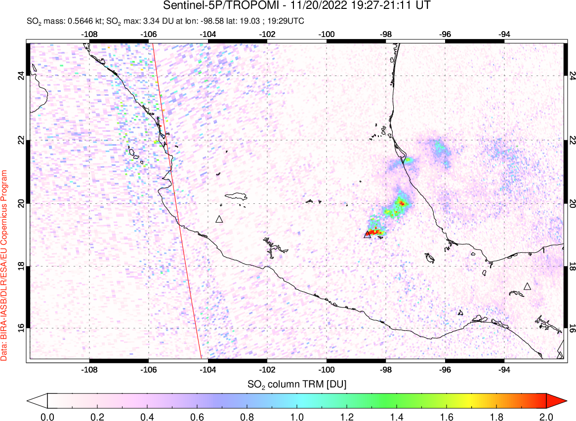 A sulfur dioxide image over Mexico on Nov 20, 2022.