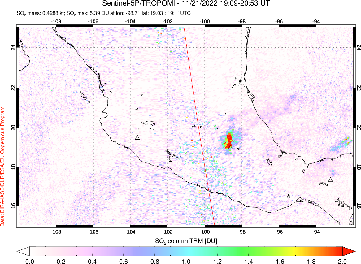 A sulfur dioxide image over Mexico on Nov 21, 2022.