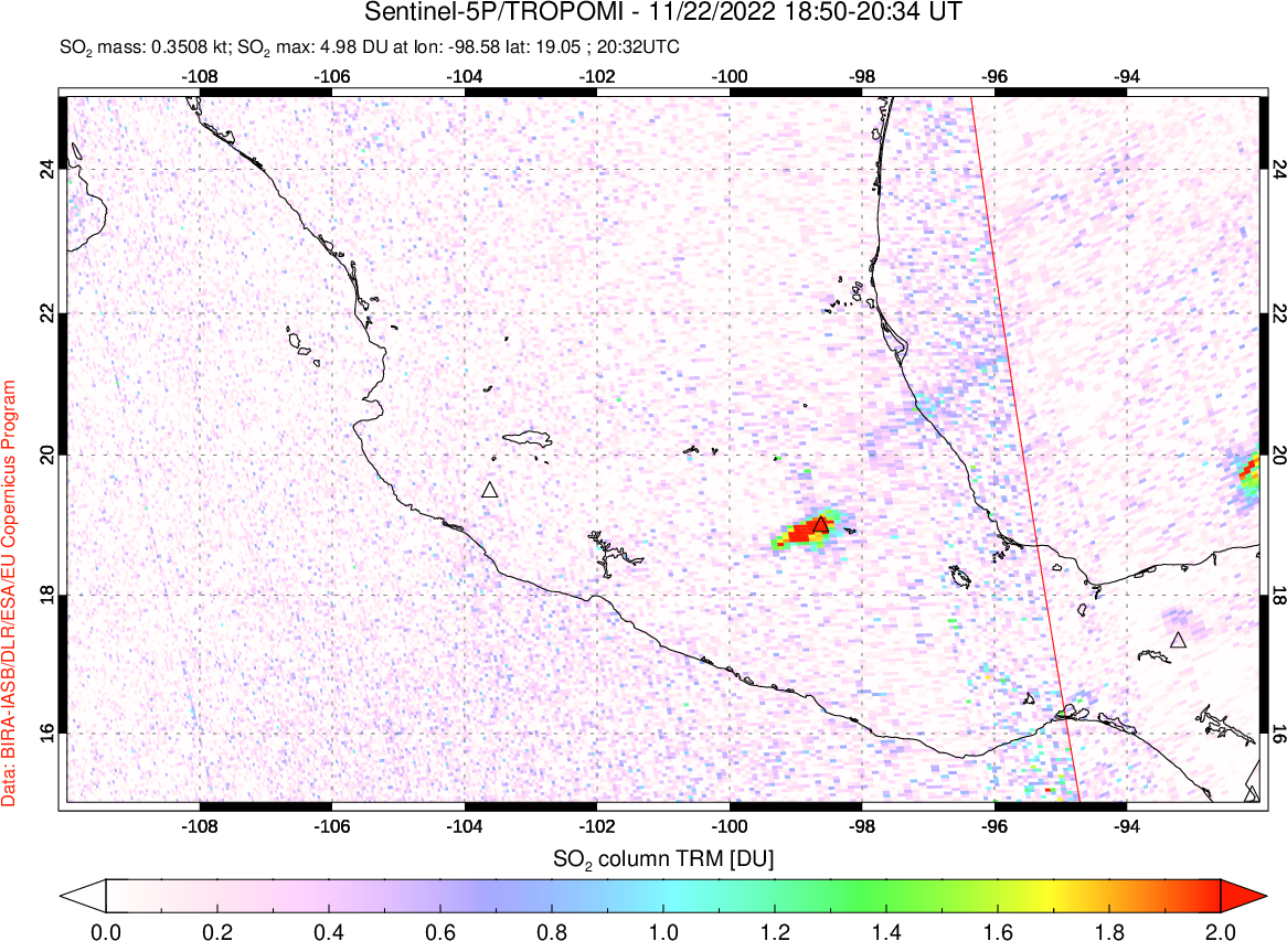 A sulfur dioxide image over Mexico on Nov 22, 2022.
