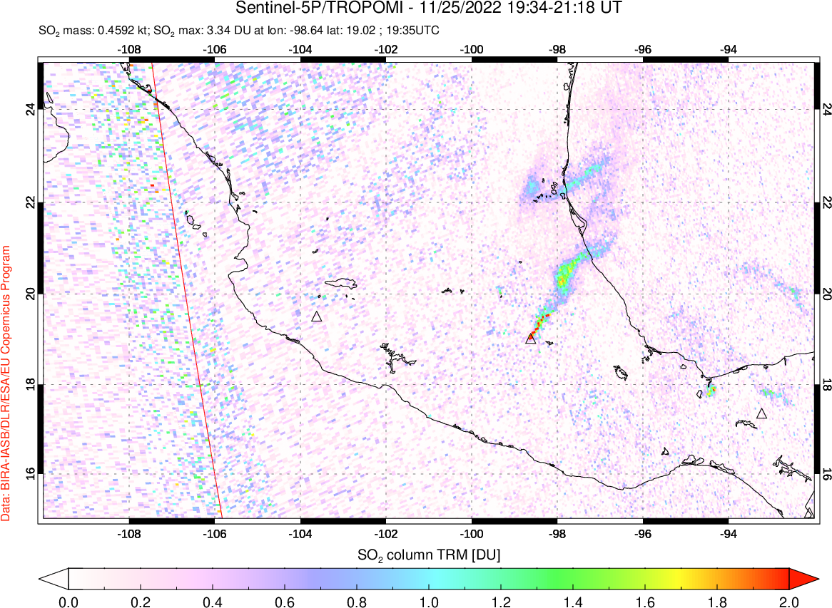 A sulfur dioxide image over Mexico on Nov 25, 2022.