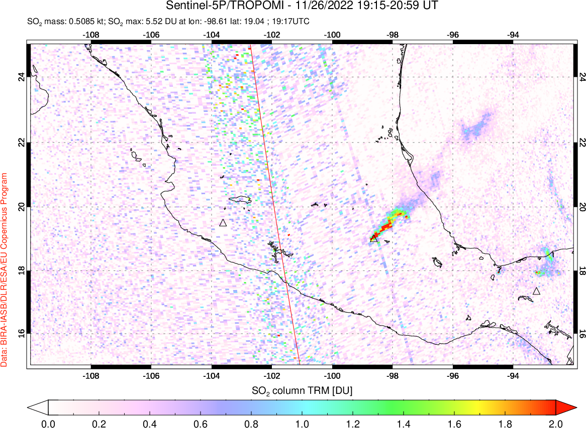 A sulfur dioxide image over Mexico on Nov 26, 2022.