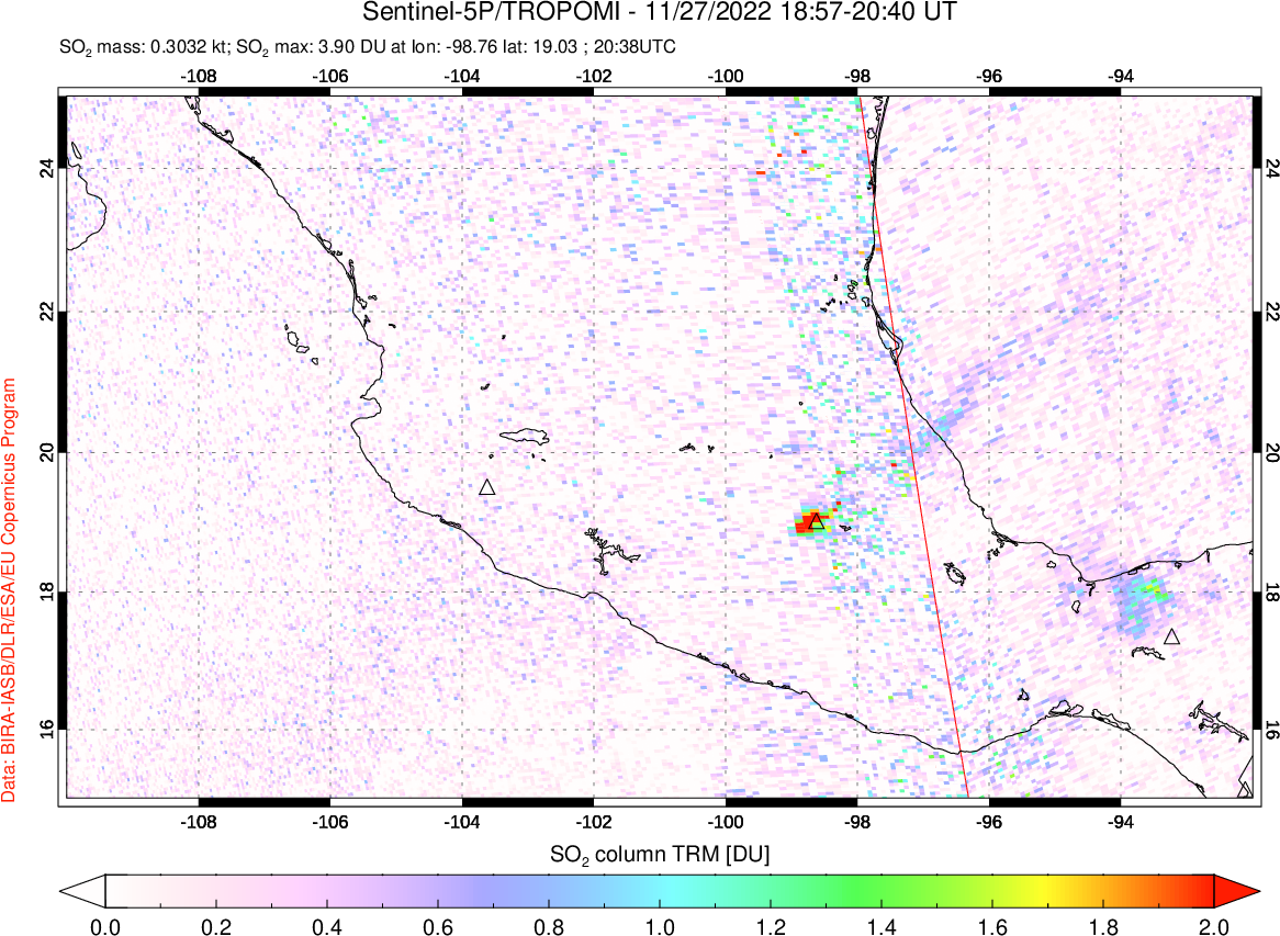 A sulfur dioxide image over Mexico on Nov 27, 2022.