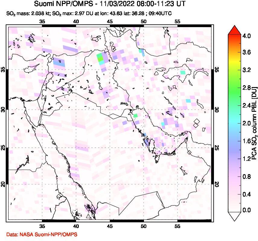 A sulfur dioxide image over Middle East on Nov 03, 2022.