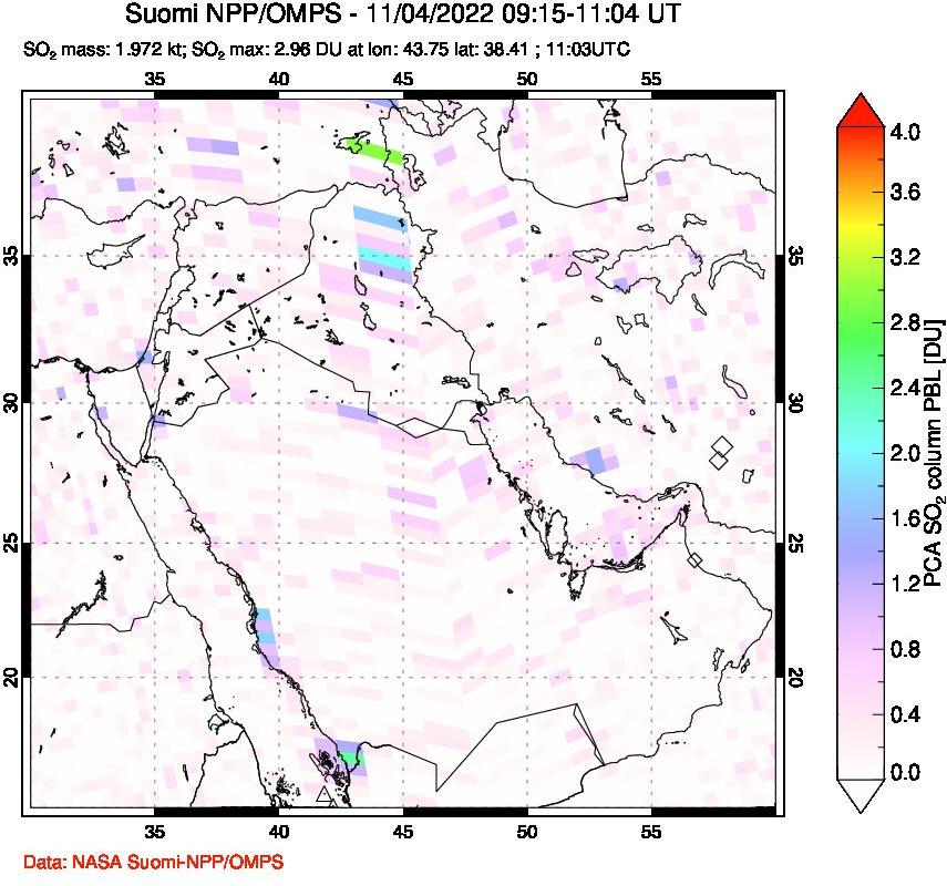 A sulfur dioxide image over Middle East on Nov 04, 2022.