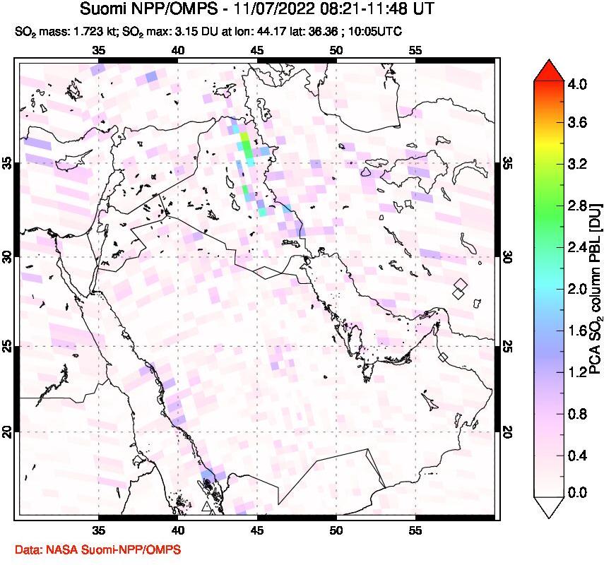 A sulfur dioxide image over Middle East on Nov 07, 2022.