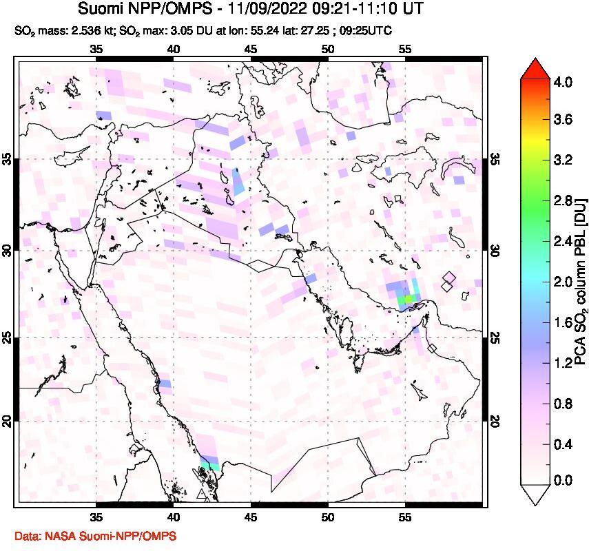 A sulfur dioxide image over Middle East on Nov 09, 2022.