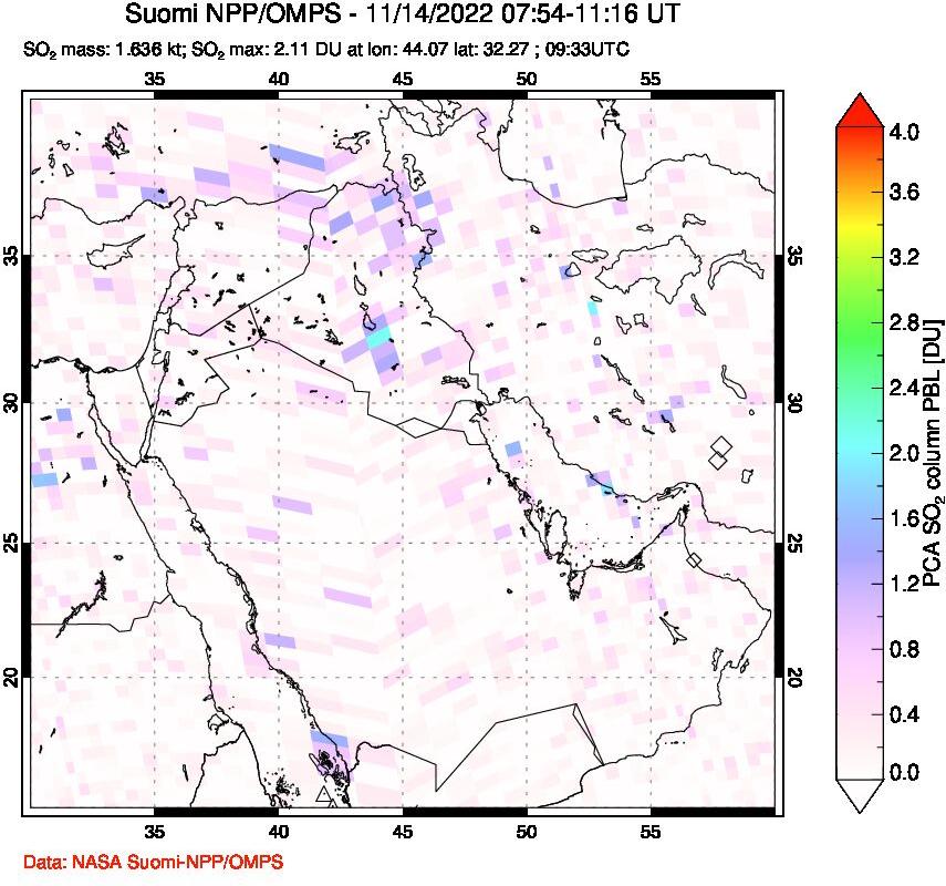 A sulfur dioxide image over Middle East on Nov 14, 2022.