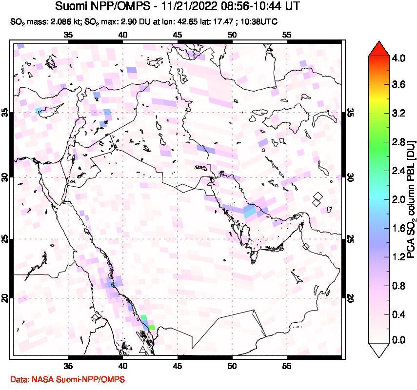 A sulfur dioxide image over Middle East on Nov 21, 2022.