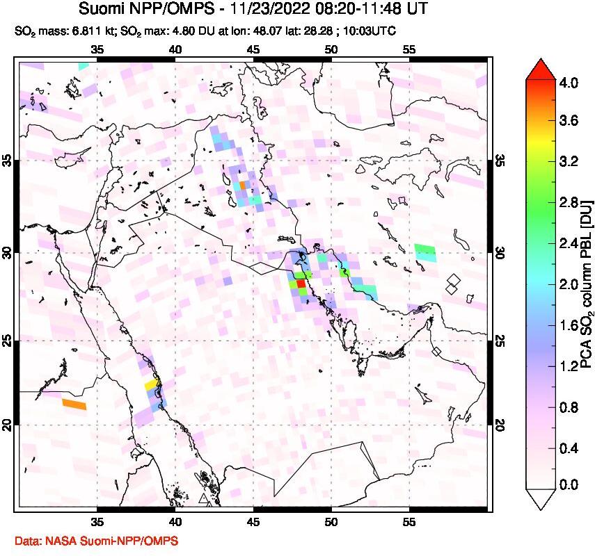 A sulfur dioxide image over Middle East on Nov 23, 2022.