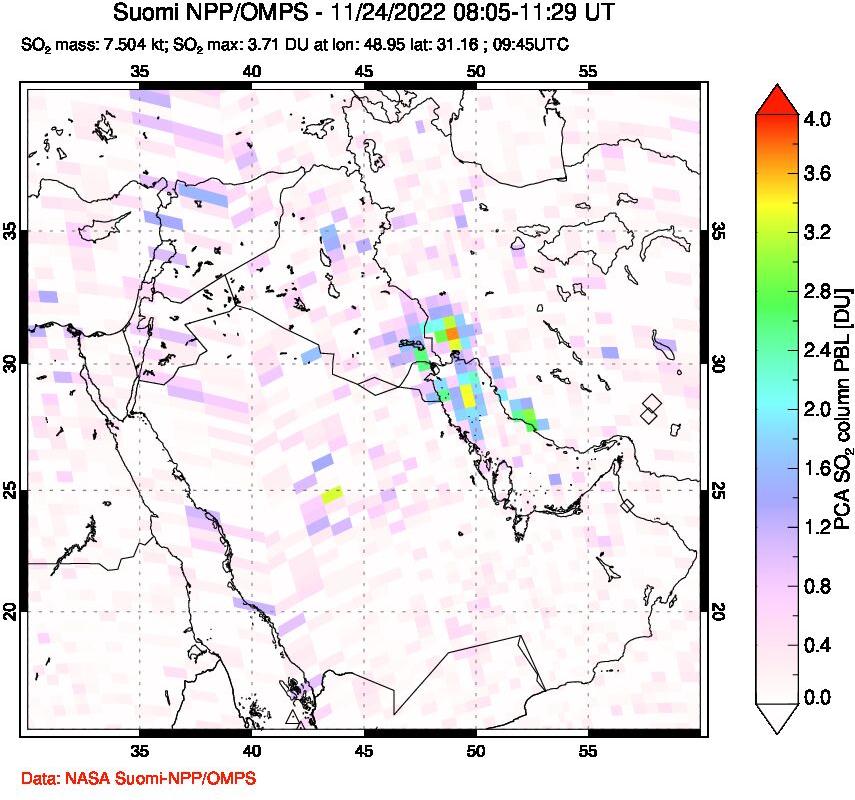 A sulfur dioxide image over Middle East on Nov 24, 2022.