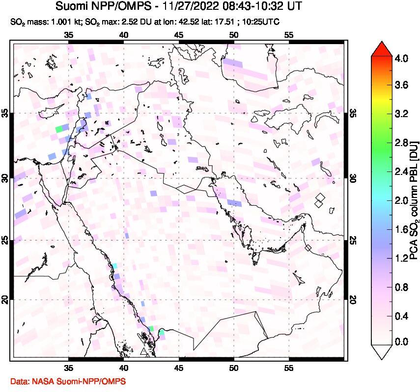 A sulfur dioxide image over Middle East on Nov 27, 2022.