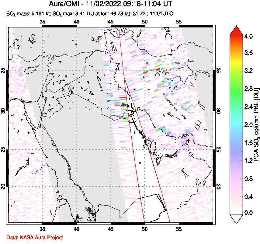 A sulfur dioxide image over Middle East on Nov 02, 2022.