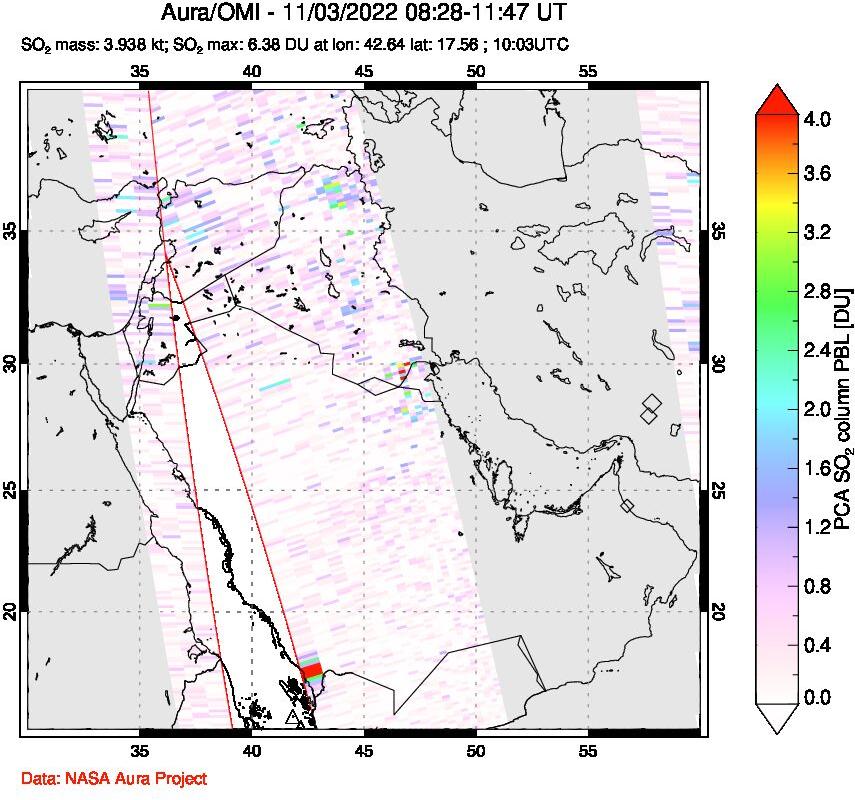 A sulfur dioxide image over Middle East on Nov 03, 2022.