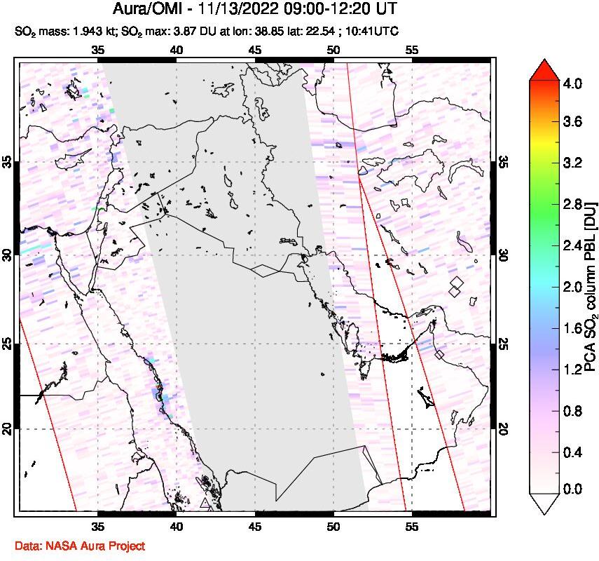 A sulfur dioxide image over Middle East on Nov 13, 2022.