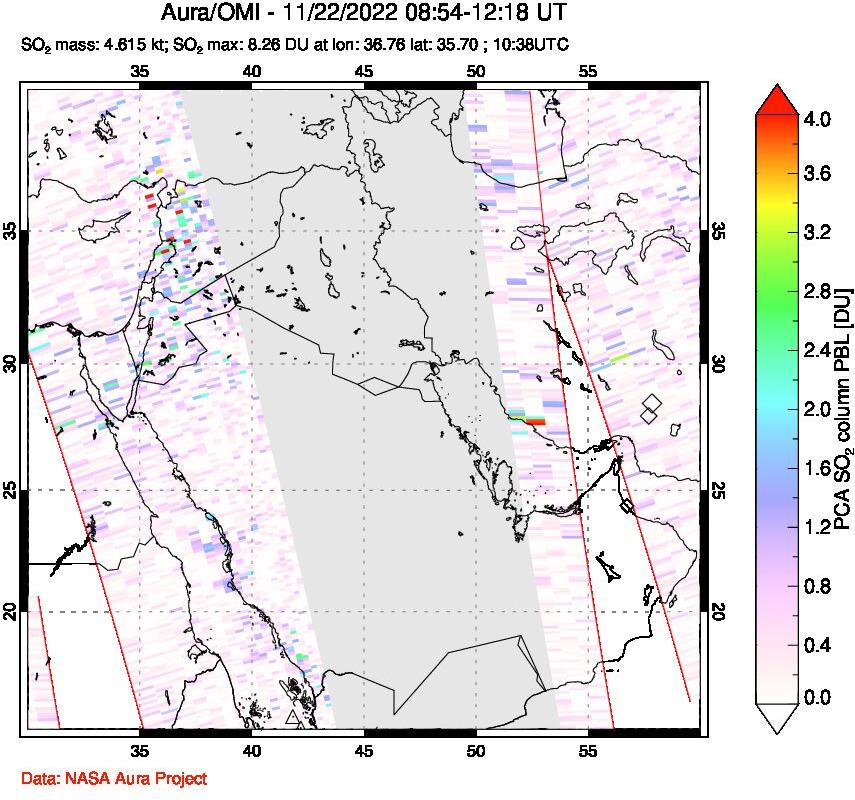 A sulfur dioxide image over Middle East on Nov 22, 2022.