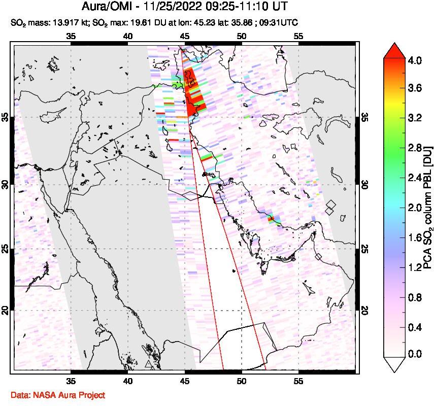 A sulfur dioxide image over Middle East on Nov 25, 2022.