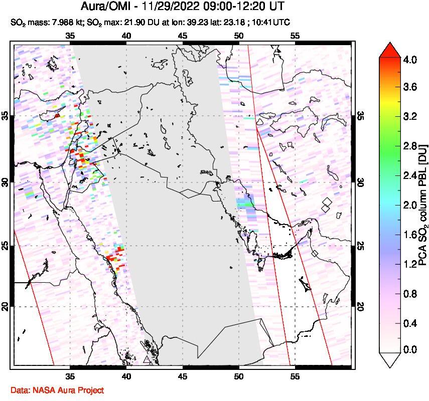 A sulfur dioxide image over Middle East on Nov 29, 2022.