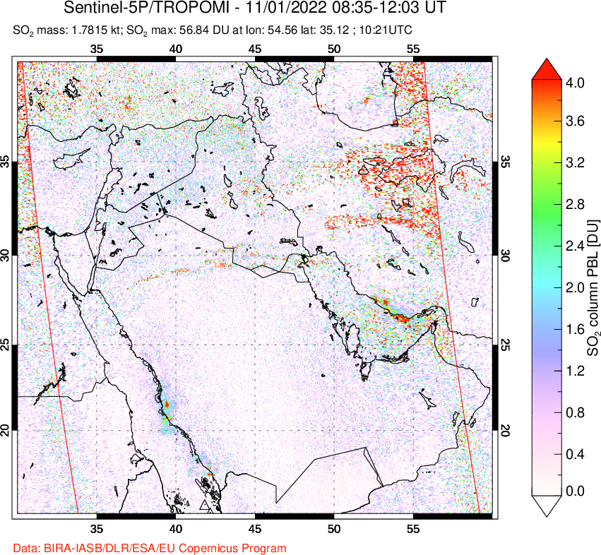 A sulfur dioxide image over Middle East on Nov 01, 2022.