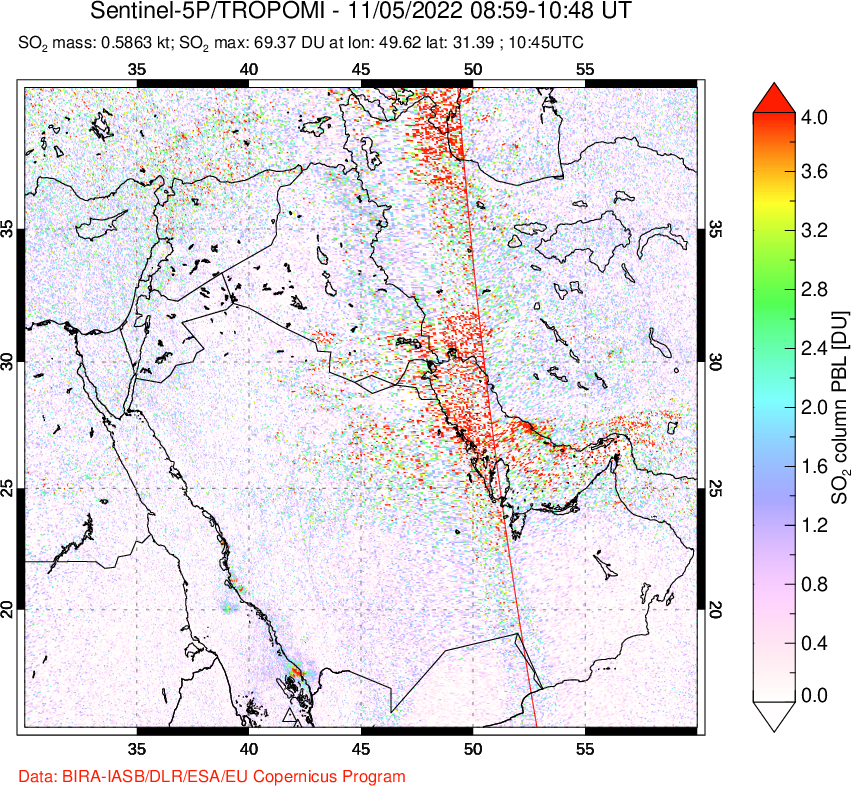A sulfur dioxide image over Middle East on Nov 05, 2022.