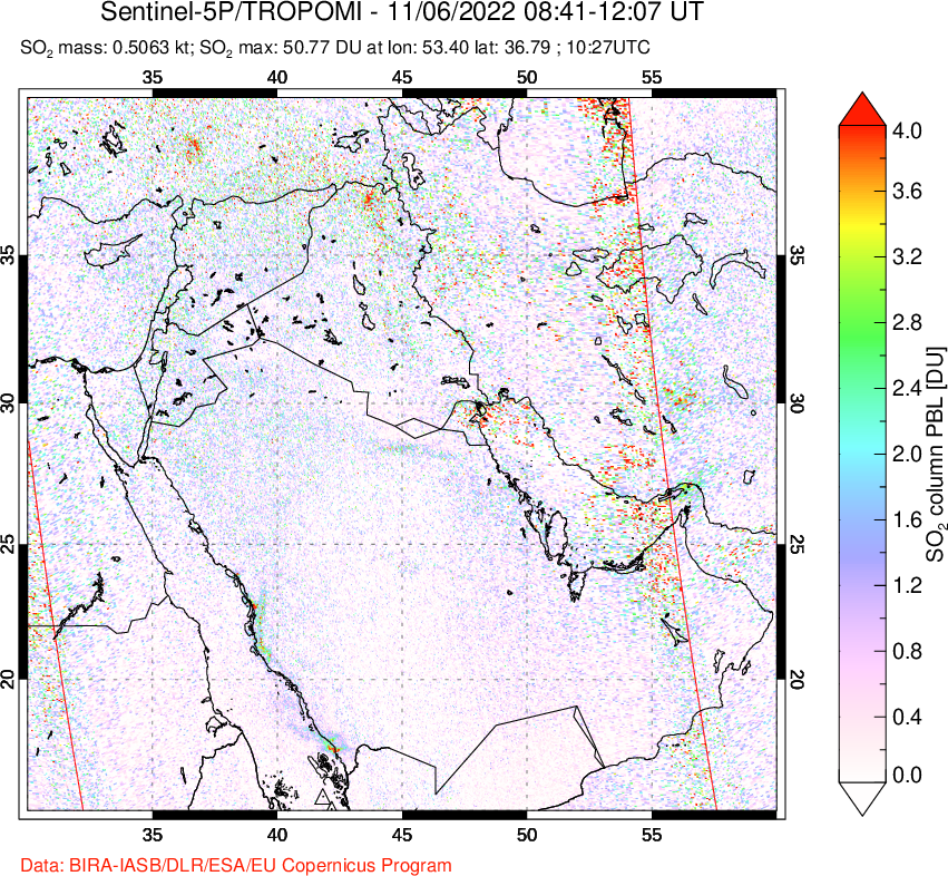 A sulfur dioxide image over Middle East on Nov 06, 2022.