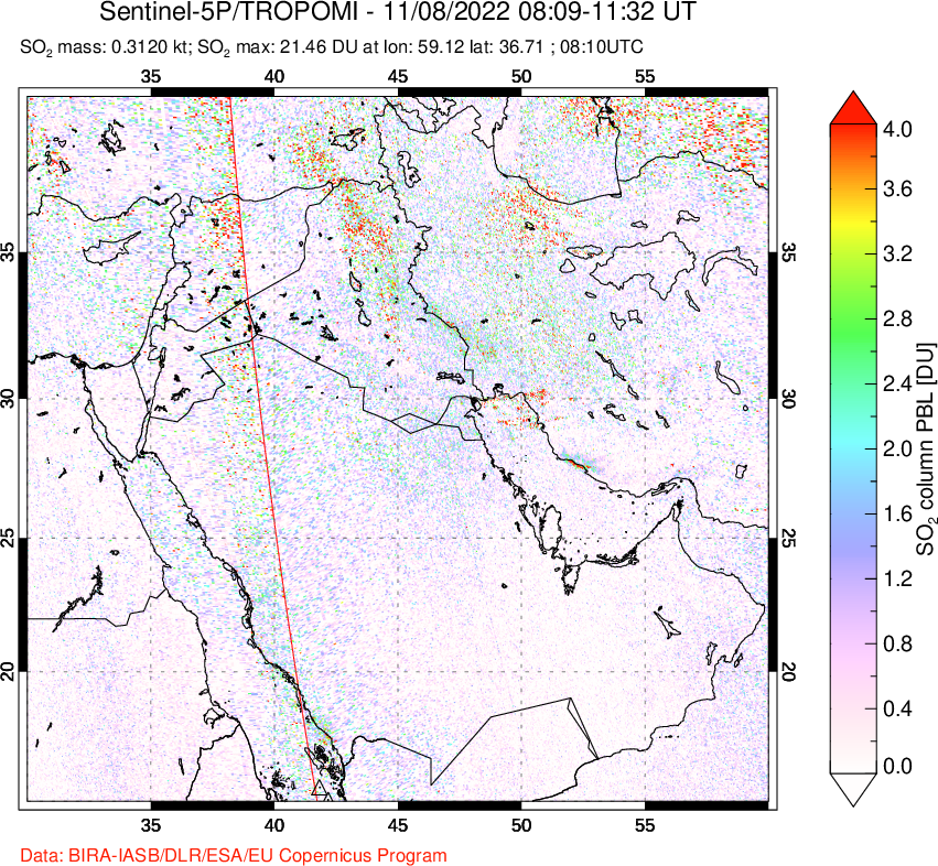 A sulfur dioxide image over Middle East on Nov 08, 2022.