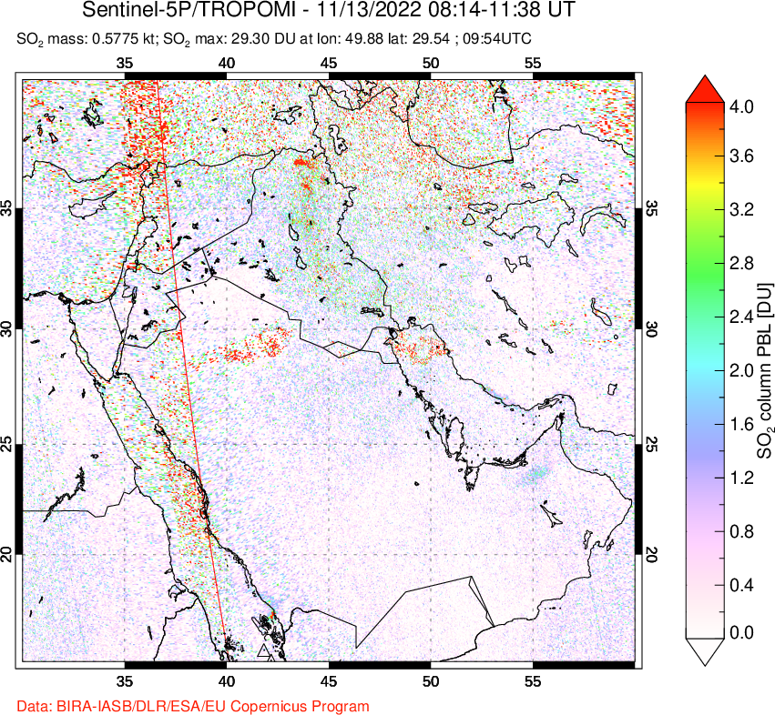 A sulfur dioxide image over Middle East on Nov 13, 2022.