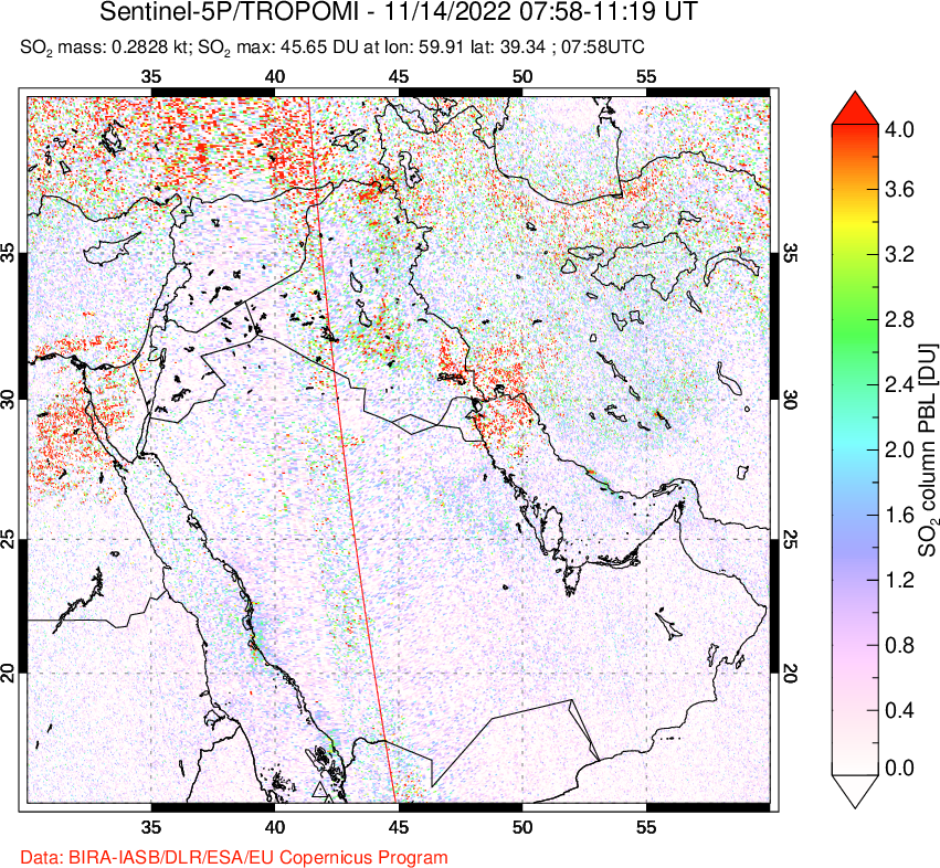 A sulfur dioxide image over Middle East on Nov 14, 2022.