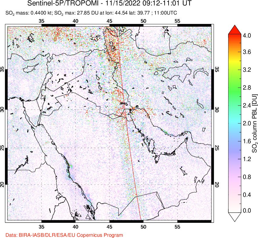 A sulfur dioxide image over Middle East on Nov 15, 2022.