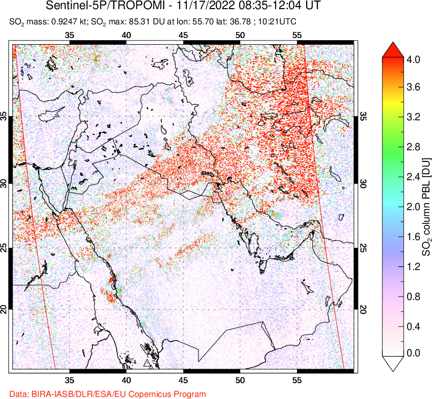 A sulfur dioxide image over Middle East on Nov 17, 2022.