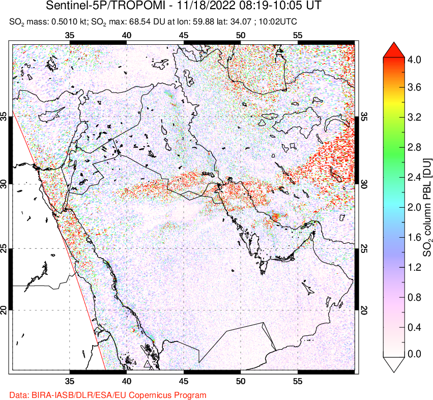 A sulfur dioxide image over Middle East on Nov 18, 2022.