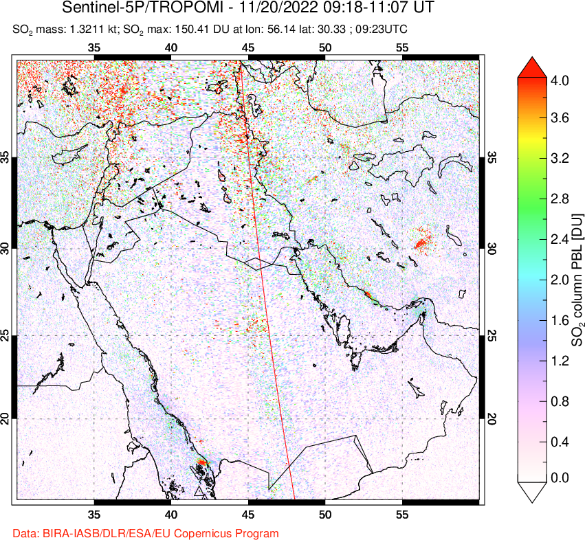 A sulfur dioxide image over Middle East on Nov 20, 2022.
