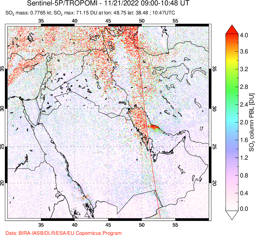 A sulfur dioxide image over Middle East on Nov 21, 2022.