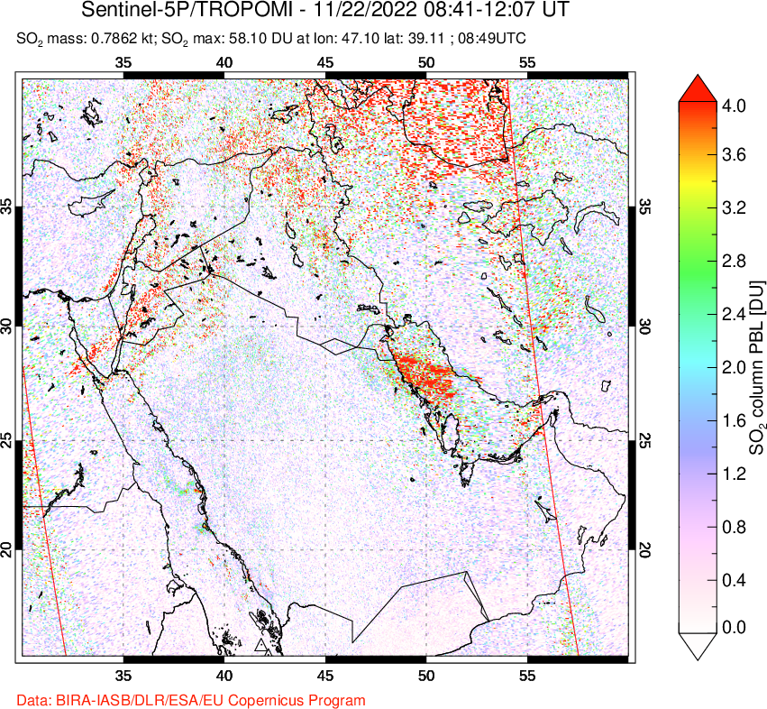 A sulfur dioxide image over Middle East on Nov 22, 2022.
