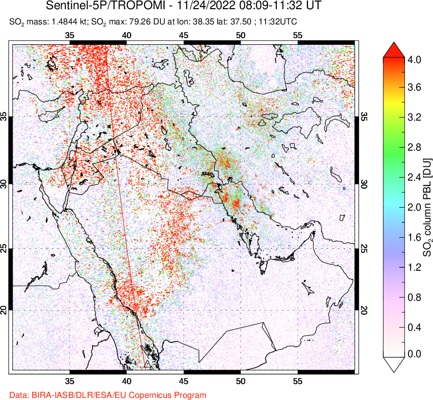 A sulfur dioxide image over Middle East on Nov 24, 2022.