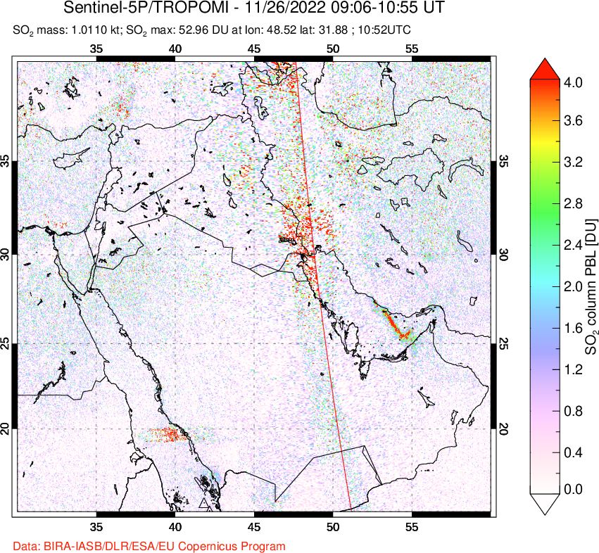 A sulfur dioxide image over Middle East on Nov 26, 2022.