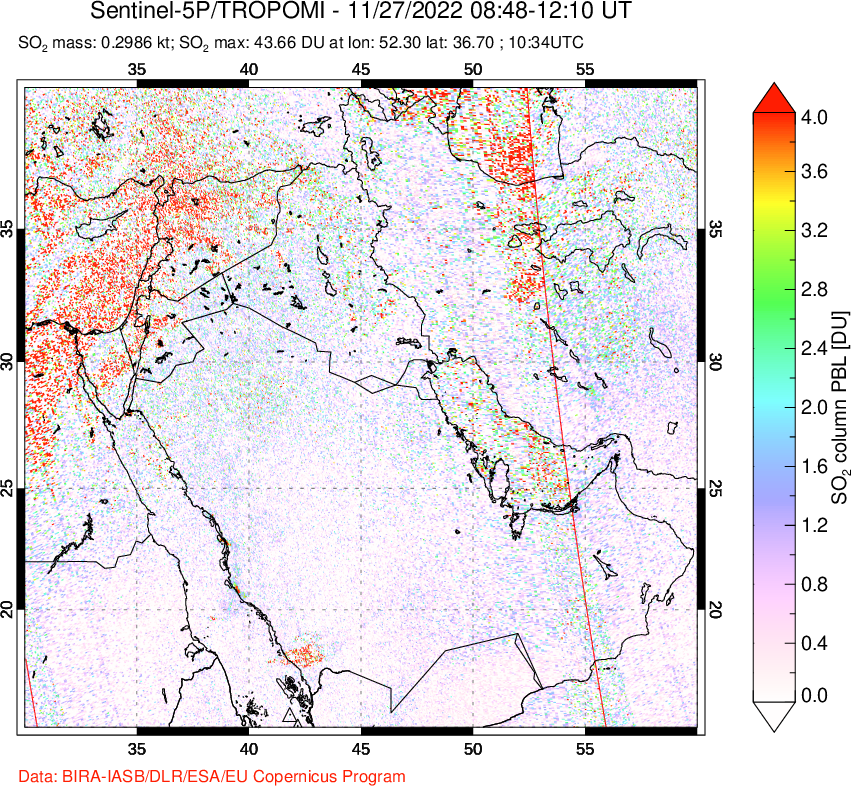 A sulfur dioxide image over Middle East on Nov 27, 2022.