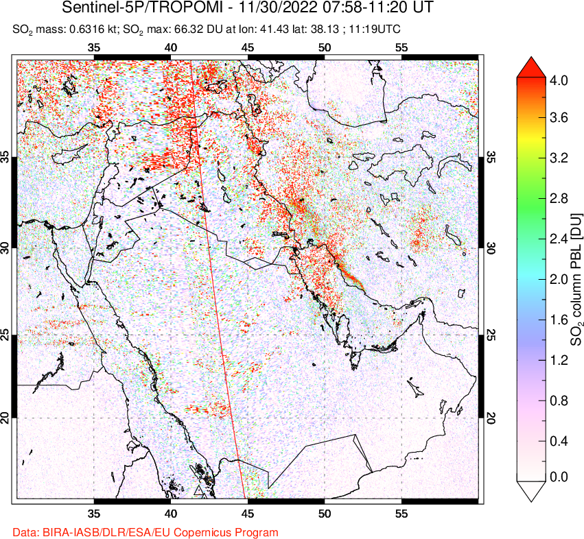 A sulfur dioxide image over Middle East on Nov 30, 2022.