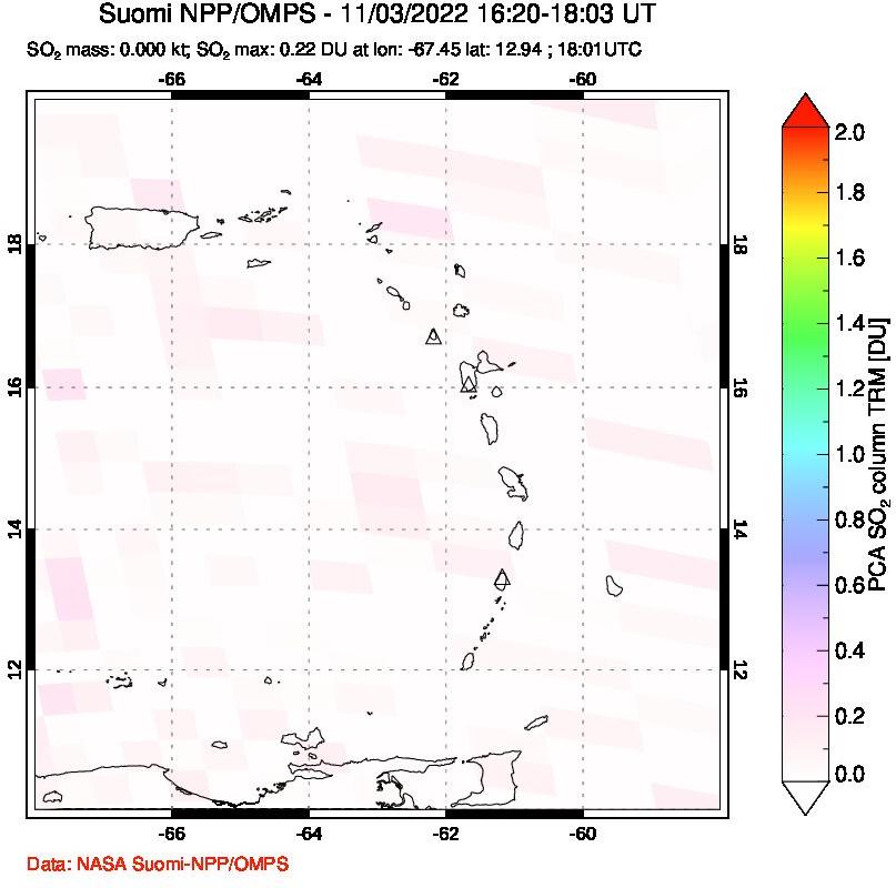 A sulfur dioxide image over Montserrat, West Indies on Nov 03, 2022.