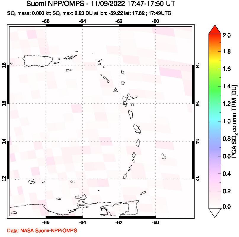 A sulfur dioxide image over Montserrat, West Indies on Nov 09, 2022.