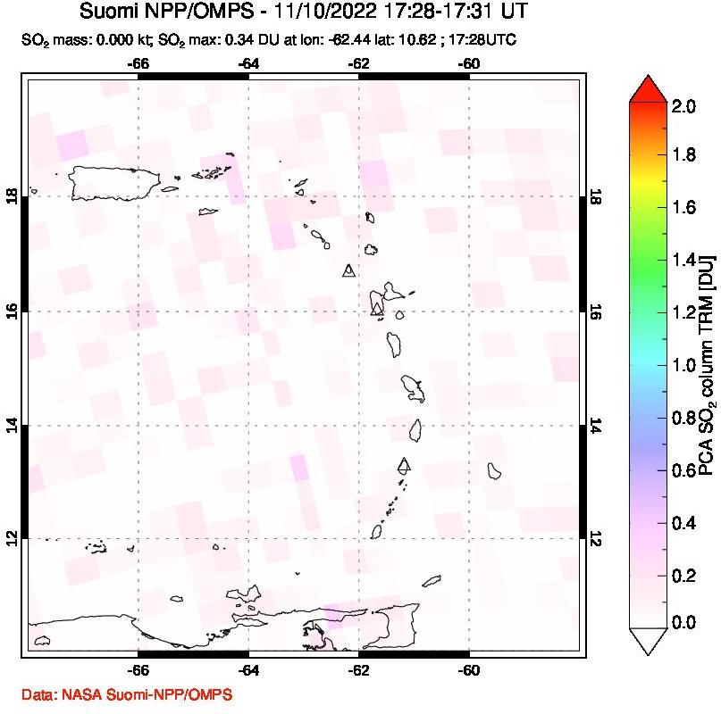 A sulfur dioxide image over Montserrat, West Indies on Nov 10, 2022.