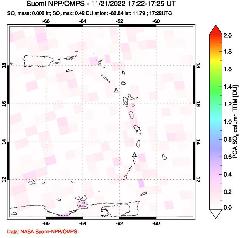 A sulfur dioxide image over Montserrat, West Indies on Nov 21, 2022.