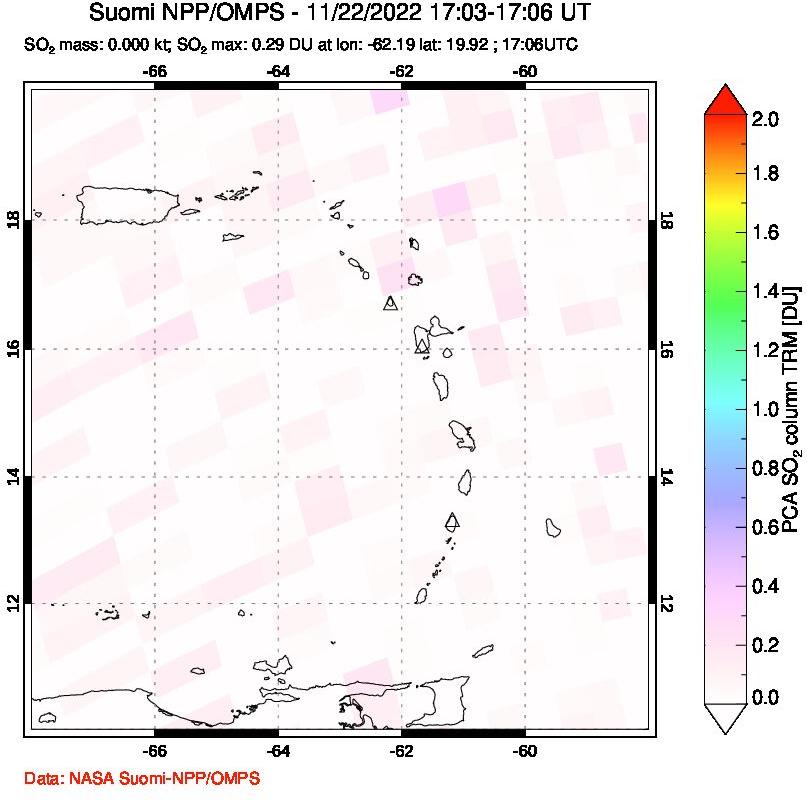 A sulfur dioxide image over Montserrat, West Indies on Nov 22, 2022.