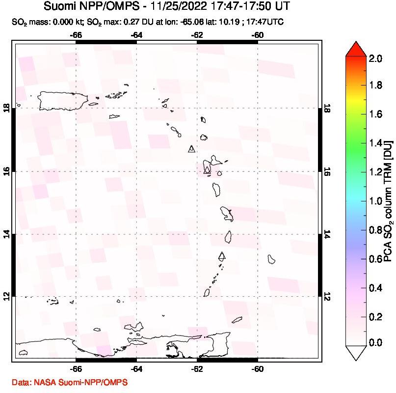 A sulfur dioxide image over Montserrat, West Indies on Nov 25, 2022.